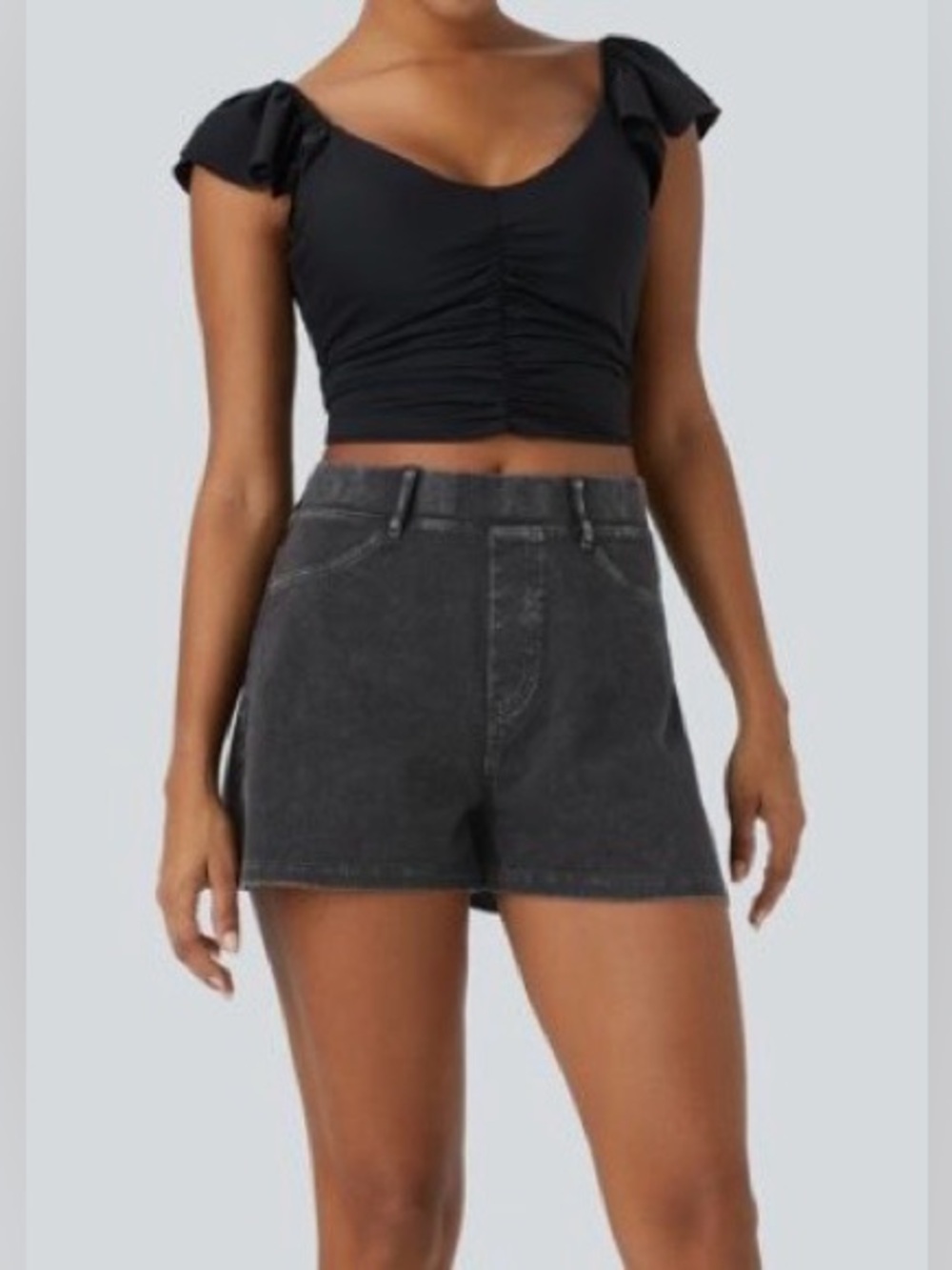 LARGE.  HALARA FLEX LOOSE FIT DENIM DISTRESSED SHORTS